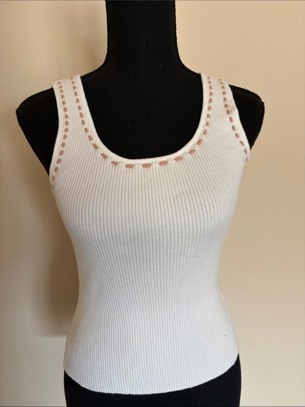 LA February White Ribbed Tank with Tan Stitch Detail
